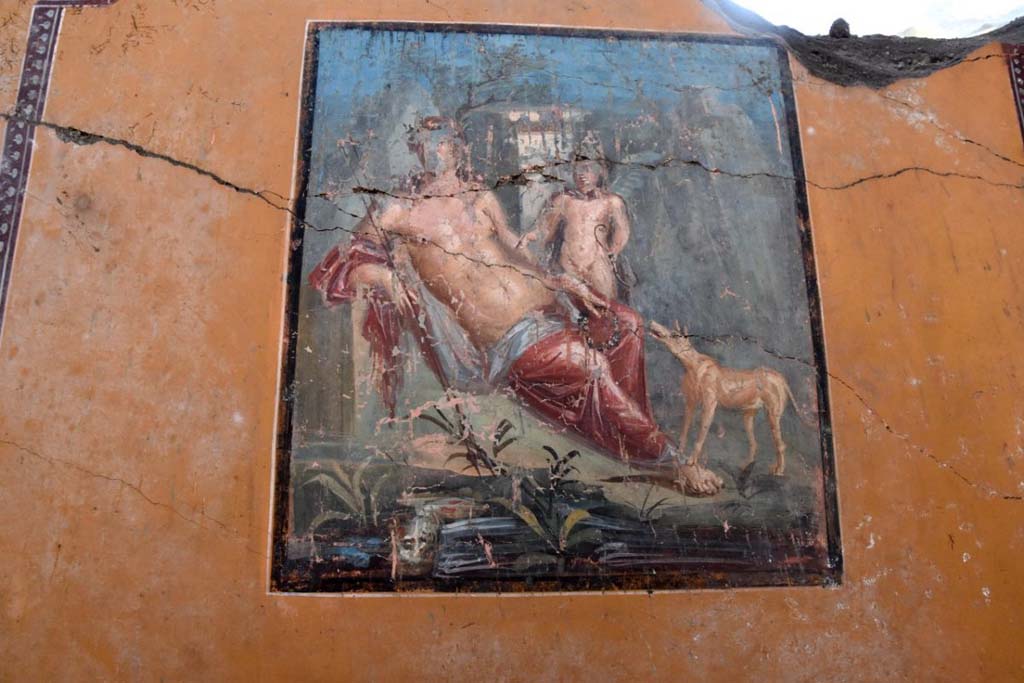 V.6.12 Pompeii. February 2019. Amb. 25. Atrium, south wall. 
Fresco of Narcissus in which he sees himself reflected in the water, enraptured by his own image, according to classical iconography. 
Parte dell'atrio con l'affresco di Narciso, che lo vede specchiarsi nell'acqua rapito dalla sua immagine, secondo l'iconografia classica.
Photograph © Parco Archeologico di Pompei.

