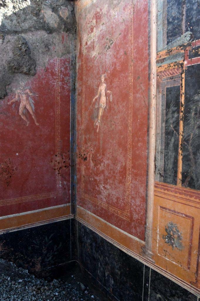 V.6.12 Pompeii. February 2019. Amb. 25. Atrium corner with red panels with flying figures. 
Angolo dell'atrio con pannelli rossi con figure volanti.
Photograph © Parco Archeologico di Pompei.

