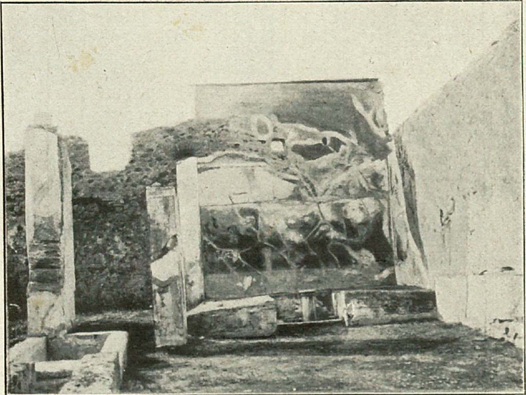 VI.2.4 Pompeii. 1906. Summer triclinium with painted north wall. 
See Thedenat, H., 1906. Pompei Histoire Vie Privee. Paris : Renouard, p. 80-1, Fig. 48.
