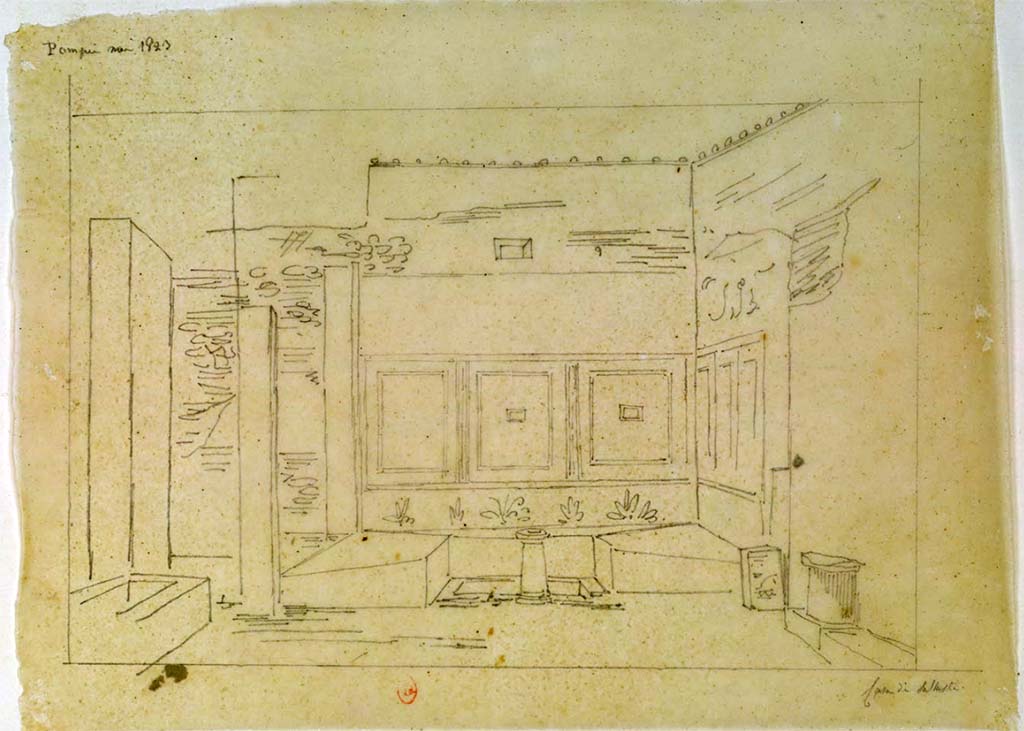 VI.2.4 Pompeii. c.1817. Sketch by Chenavard, looking north towards summer triclinium.
See Chenavard, Antoine-Marie (1787-1883) et al. Voyage d'Italie, croquis Tome 3, pl. 142.
INHA Identifiant numérique : NUM MS 703 (3). See Book on INHA 
Document placé sous « Licence Ouverte / Open Licence » Etalab   
