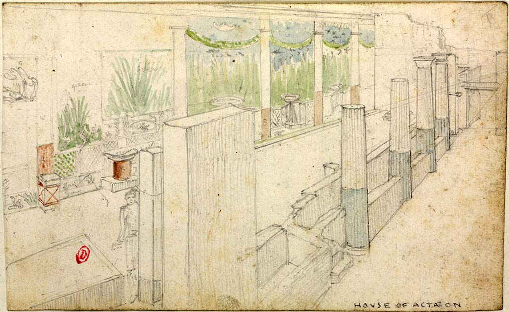 VI.2.4 Pompeii. c.1819 sketch by W. Gell. Looking south along portico in garden area. 
See Gell W & Gandy, J.P: Pompeii published 1819 [Dessins publiés dans l'ouvrage de Sir William Gell et John P. Gandy, Pompeiana: the topography, edifices and ornaments of Pompei, 1817-1819], pl. 20.
See book in Bibliothèque de l'Institut National d'Histoire de l'Art [France], collections Jacques Doucet Gell Dessins 1817-1819
Use Etalab Open Licence ou Etalab Licence Ouverte
