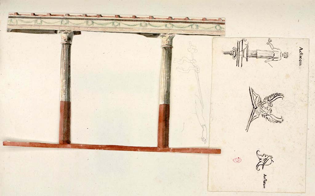 VI.2.4 Pompeii. Between 1819 and 1832 sketch by William Gell of peristyle decoration.
See Gell, W. Pompeii unpublished [Dessins de l'édition de 1832 donnant le résultat des fouilles post 1819 (?)] vol II, pl. 81.
Bibliothèque de l'Institut National d'Histoire de l'Art, collections Jacques Doucet, Identifiant numérique Num MS180 (2).
See book in INHA Use Etalab Licence Ouverte

