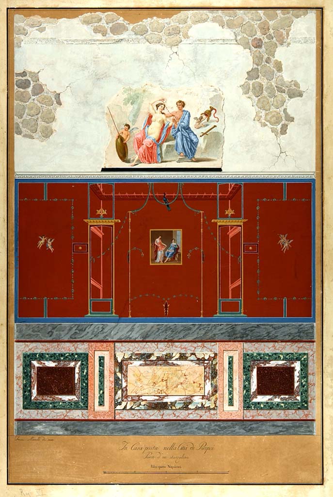 VI.2.4 Pompeii. 1807 painting by F. Morelli of south wall in diaeta in south-west corner of garden apartment. 
Now in Naples Archaeological Museum. Inventory number ADS126.
Photo © ICCD. http://www.catalogo.beniculturali.it
Utilizzabili alle condizioni della licenza Attribuzione - Non commerciale - Condividi allo stesso modo 2.5 Italia (CC BY-NC-SA 2.5 IT)
