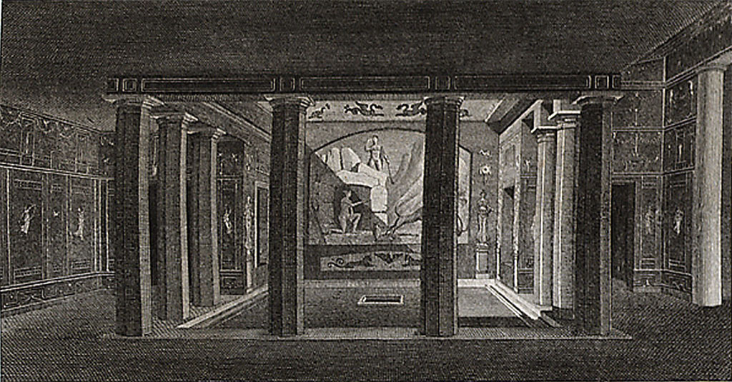 VI.2.4 Pompeii. 1824. Drawing of garden, peristyle, rooms and painting of Diana and Acteon, looking south.
See Mazois, F., 1824. Les Ruines de Pompei: Second Partie. Paris: Firmin Didot. (pl. 39, 1).
