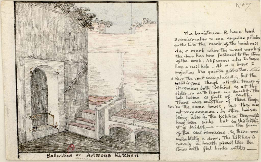 VI.2.4 Pompeii. c.1819 sketch by W. Gell. Looking towards area of “Sallustius or Actaeons kitchen”.  
See Gell W & Gandy, J.P: Pompeii published 1819 [Dessins publiés dans l'ouvrage de Sir William Gell et John P. Gandy, Pompeiana: the topography, edifices and ornaments of Pompei, 1817-1819], pl. 19.
See book in Bibliothèque de l'Institut National d'Histoire de l'Art [France], collections Jacques Doucet Gell Dessins 1817-1819
Use Etalab Open Licence ou Etalab Licence Ouverte
