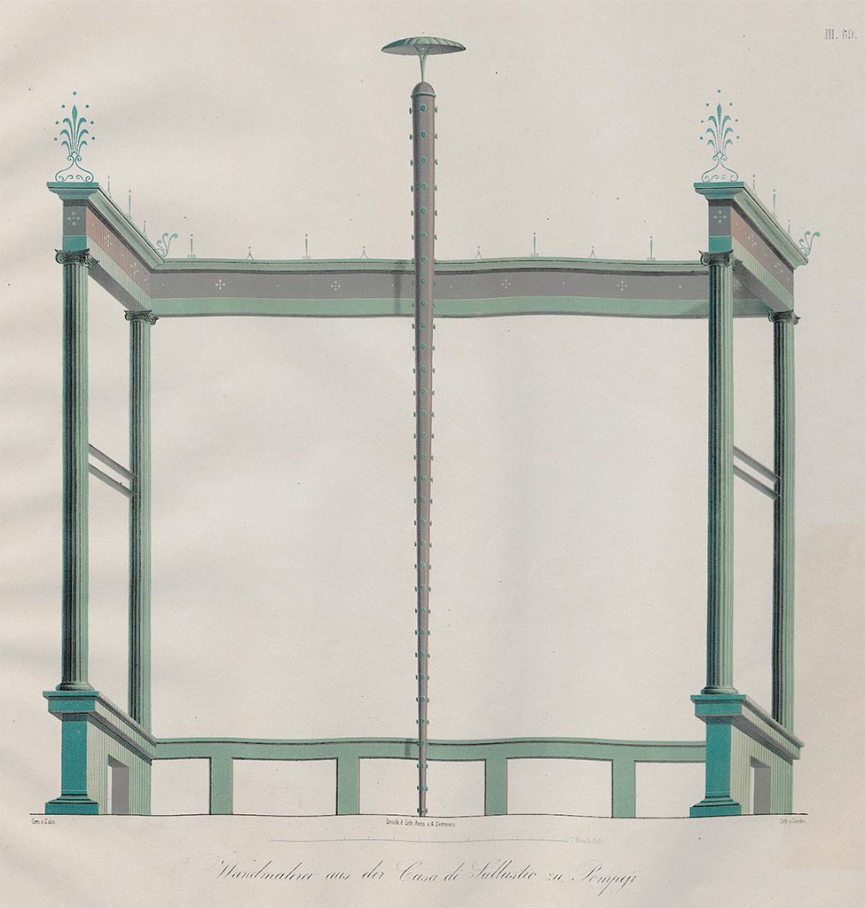 VI.2.4 Pompeii. c.1805-9. Room 28, detail from upper south wall by Zahn.
According to Zahn, this was to be found at the top of a wall of a small room on the right of the entrance.
See Zahn, W., 1852-59. Die schönsten Ornamente und merkwürdigsten Gemälde aus Pompeji, Herkulanum und Stabiae: III. Berlin: Reimer, Taf. 69.