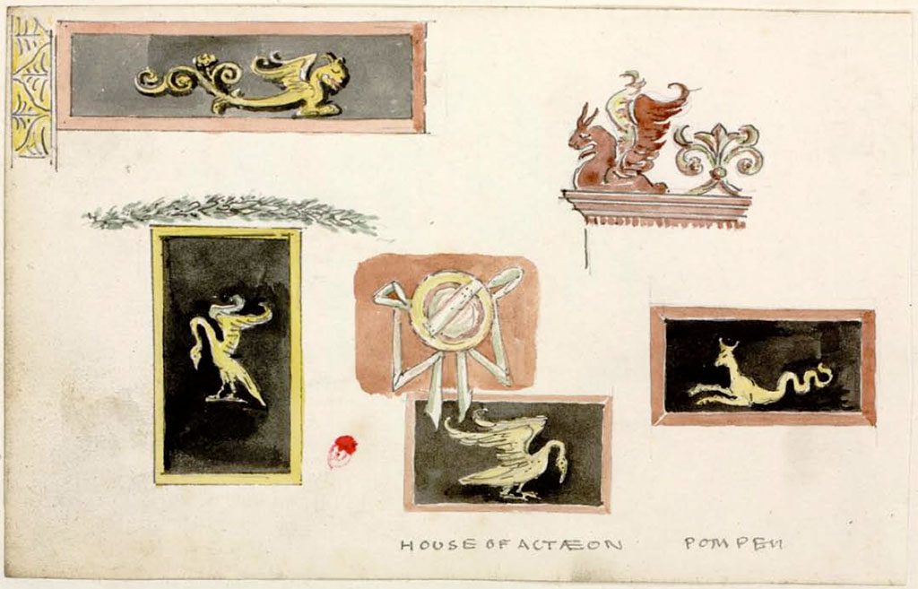 6.2.4 Pompeii. Between 1819 and 1832, sketches by William Gell of painted decoration, from House of Actaeon.
See Gell, W. Pompeii unpublished [Dessins de l'édition de 1832 donnant le résultat des fouilles post 1819 (?)] vol II, pl. 82.
Bibliothèque de l'Institut National d'Histoire de l'Art, collections Jacques Doucet, Identifiant numérique Num MS180 (2).
See book in INHA Use Etalab Licence Ouverte
