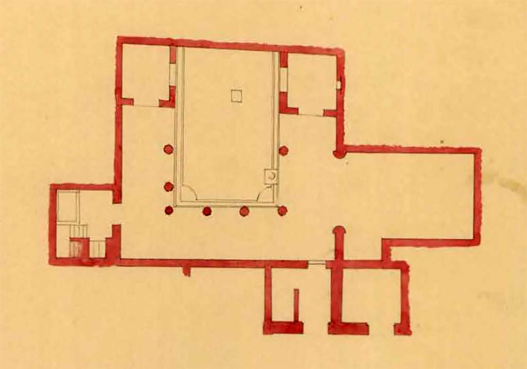 VI.2.4 Pompeii. Between 1823 and 1828, plan drawn by F. Duban, showing garden area.
The kitchen area is to the west, on the left, the large triclinium is to the west, on the right.
The two diaeta/cubicula and the painting of Diana and Actaeon would have been at the top, and the doorway from the house is in the north wall, on the lower side.
See Duban F. Album de dessins d'architecture effectués par Félix Duban pendant son pensionnat à la Villa Medicis, entre 1823 et 1828: Tome 2, Pompéi, pl. 35.
INHA Identifiant numérique NUM PC 40425 (2)
https://bibliotheque-numerique.inha.fr/idurl/1/7157  « Licence Ouverte / Open Licence » Etalab

