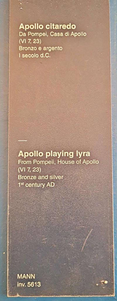 VI.7.23 Pompeii. October 2023. 
Description card, but no location is given for the statue being found in the house. 
Photo courtesy of Giuseppe Ciaramella. 
