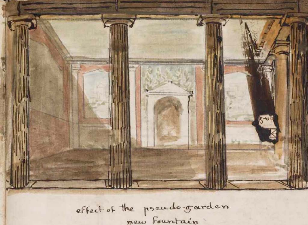 VI.8.23 Pompeii. c.1830. Painting by Gell, looking west across “pseudo-garden” from area of tablinum.
See Gell, W. Sketchbook of Pompeii, c.1830. 
See book from Van Der Poel Campanian Collection on Getty website http://hdl.handle.net/10020/2002m16b425
