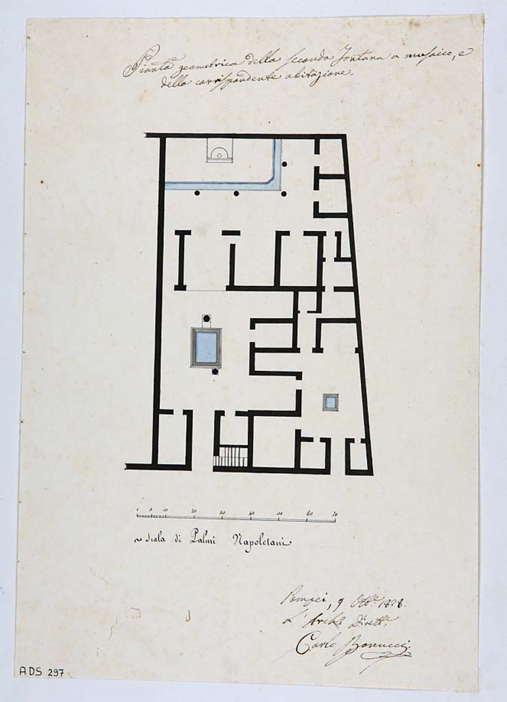 VI.8.23 and VI.8.24 Pompeii. Drawing of plan of houses by Carlo Bonucci or an anonymous worker, dated 9th October 1828.
Now in Naples Archaeological Museum. Inventory number ADS 297.
Photo © ICCD. http://www.catalogo.beniculturali.it
Utilizzabili alle condizioni della licenza Attribuzione - Non commerciale - Condividi allo stesso modo 2.5 Italia (CC BY-NC-SA 2.5 IT)
