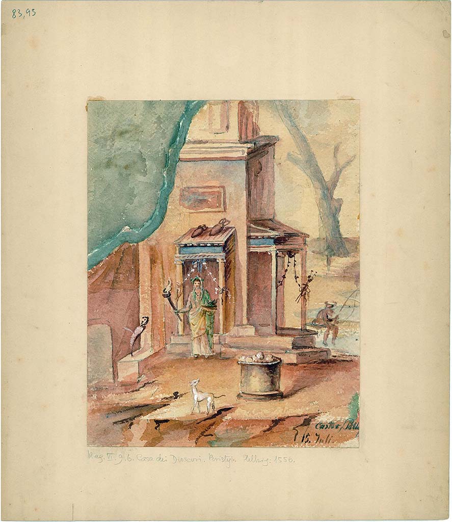 VI.9.6 Pompeii. Room 17, watercolour copy of wall painting of sacred landscape from south wall.
DAIR 83.93. Photo © Deutsches Archäologisches Institut, Abteilung Rom, Arkiv. 
See Helbig, W., 1868. Wandgemälde der vom Vesuv verschütteten Städte Campaniens. Leipzig: Breitkopf und Härtel, 1556
