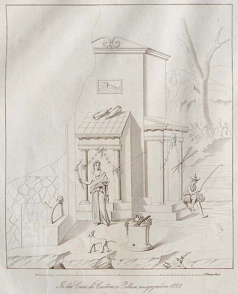 VI.9.6 Pompeii. Pre-October 1852. 
Room 17, south wall, drawing by Zahn showing a Priestess in front of a temple with a fisherman, on right.
See Zahn, W., 1852. Die schönsten Ornamente und merkwürdigsten Gemälde aus Pompeji, Herkulanum und Stabiae: III. Berlin: Reimer, (Pl.48).
