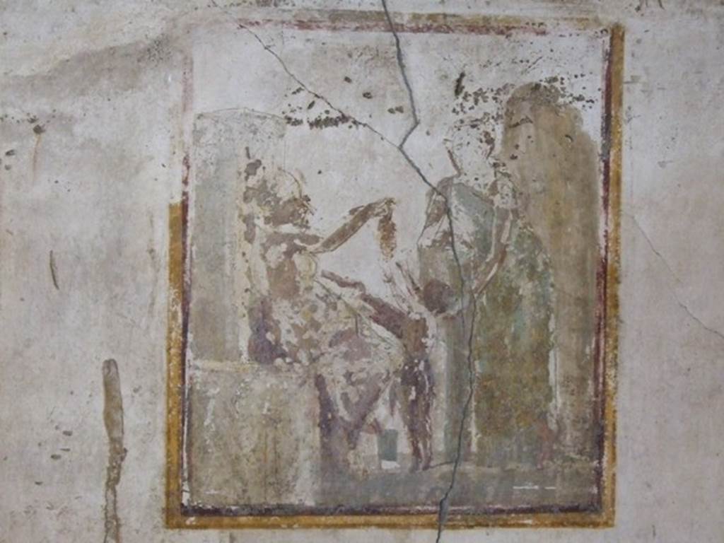 VI.9.6 Pompeii. March 2009. Room 21, wall painting on south wall of Silenus offering the child Bacchus a bunch of grapes. See Helbig, W., 1868. Wandgemälde der vom Vesuv verschütteten Städte Campaniens. Leipzig: Breitkopf und Härtel. (378: p.95).

