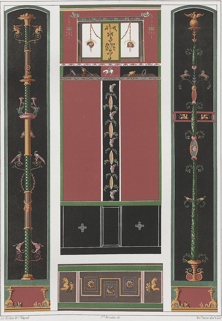 VI.11.9 Pompeii. Room 22, reproduction painting of east wall, seen in centre.
See Niccolini, F., 1862. Le Case ed i Monumenti di Pompei: Book 2, (Tav. LIII).
