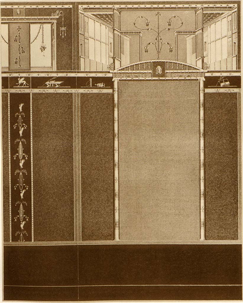 VI.11.9 Pompeii. Room 22, east and south wall of caldarium, as drawn and restored by A. Sikkard.
See Mau, A. 1882. Geschichte der Decorativen Wandmalerei in Pompeji. Berlin: Reimer, Taf. XVII.



