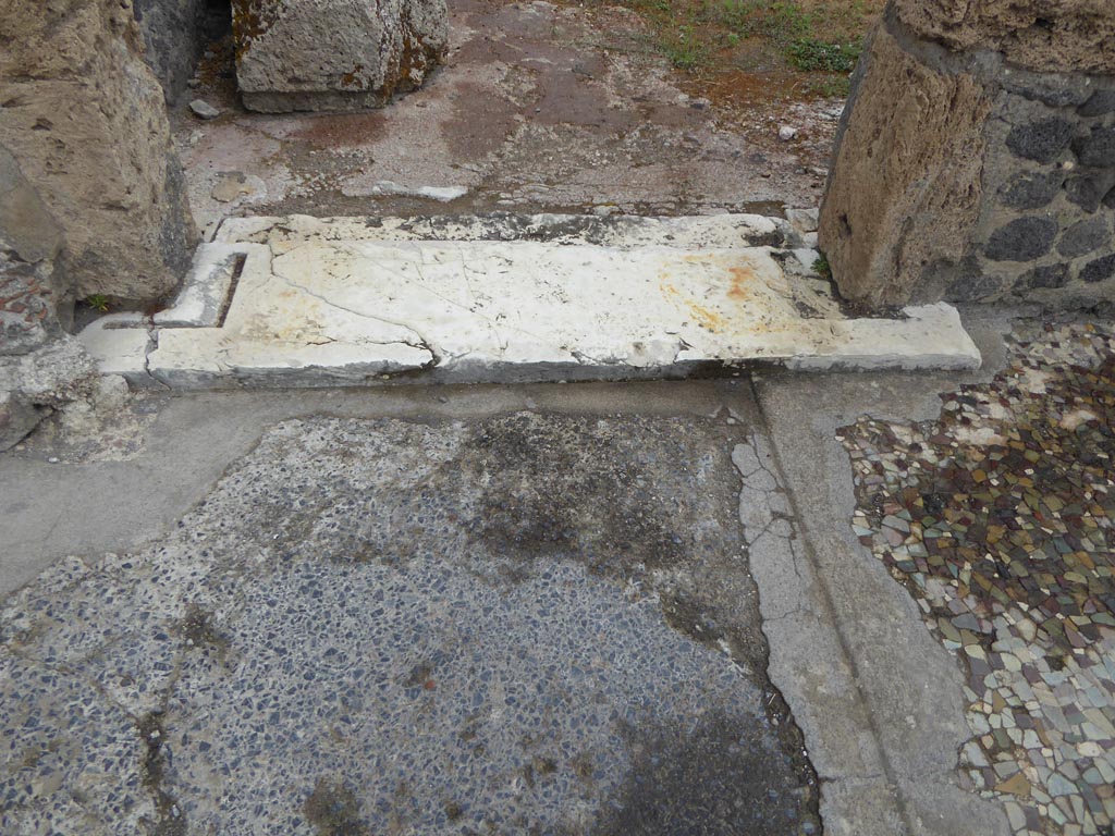 VI.12.2 Pompeii. September 2017. Triclinium 34, detail of doorway threshold on north side of atrium.
Foto Annette Haug, ERC Grant 681269 DÉCOR.
