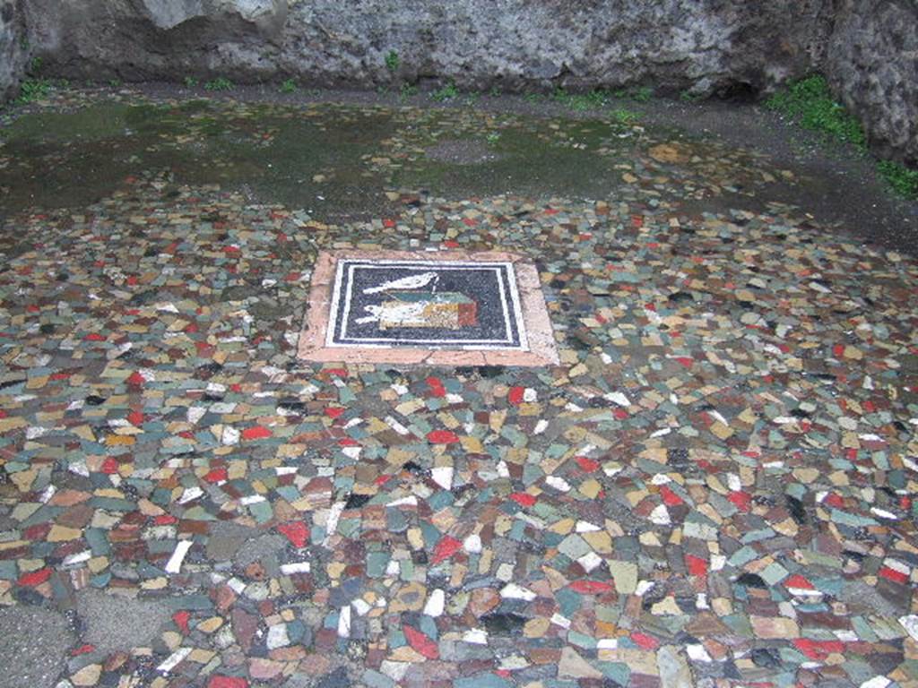 VI.12.2 Pompeii. December 2005. Floor of ala on west side of atrium. Mosaic picture of doves pulling a necklace from a jewellery box.
