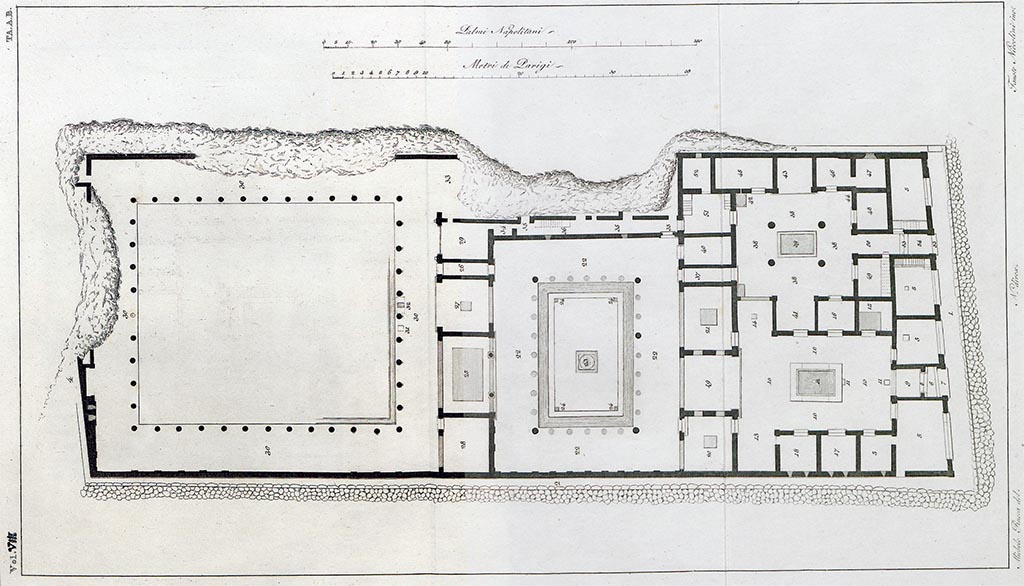 VI.12.5 Pompeii. 1832 plan by Michele Rusca, engraved by Fausto Niccolini. 
See Bechi, G. Relazione degli scavi di Pompei. Da maggio 1831 fino a maggio 1832 in Real Museo Borbonico Vol. VIII, (Naples 1832), pp. 1-15, Ta. A.B.

