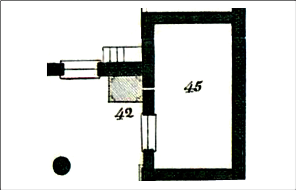 VI.12.5 Pompeii. Plan by Espen B. Andersson of location of money chest (42) in north-east corner of four columned atrium showing hole in wall from room 45.
According to Espen B. Andersson –
The house contained two casseforti, both of which were found in the domestic part of the house. What is astonishing here is the unique arrangement pertaining to one of the chests, which stood in the northeast corner of the tetrastyle atrium (fig. 6 and fig. 7). What was observed here in Casa del Fauno, and never seen anywhere else, was an unexpected hole in the wall of a side-room (no. 45), leading directly to the inside of the money chest (no. 42). Coins could therefore be dropped into a channel running into the cassaforte from room no. 45.
The cassaforte in this domestic setting seemingly received money from local sale of wine in the city.12 There was no need to unlock the chest to feed it with the incoming cash. Another detail concerning the construction of the cassaforte was that anybody standing in the atrium could hear when coins were thrown into it since the chest was lined with iron.
It is conceivable that the cassaforte was either fed money after each transaction, or that it functioned as something similar to a night safe. The side-room to the right of the cassaforte, no. 45, where the channel started, must have been the accounts room. This room was simple and demonstrated one very crucial feature: its walls had no decoration. The bare walls clearly indicate that slaves took care of the coins and monetary exchange for their master, as well as keeping the accounts. The whole process may actually have been in their hands.
In 1831, at the time of excavation, the hole in the wall into the cassaforte was documented and commented on. Later, research has forgotten these features, and the hole seems to have been camouflaged by restoration work.
See Espen B. Andersson, 2018. The Economic Centre of Pompeii Revealed by Roman Cash Keeping, p.163-165, Fig.6-7.

