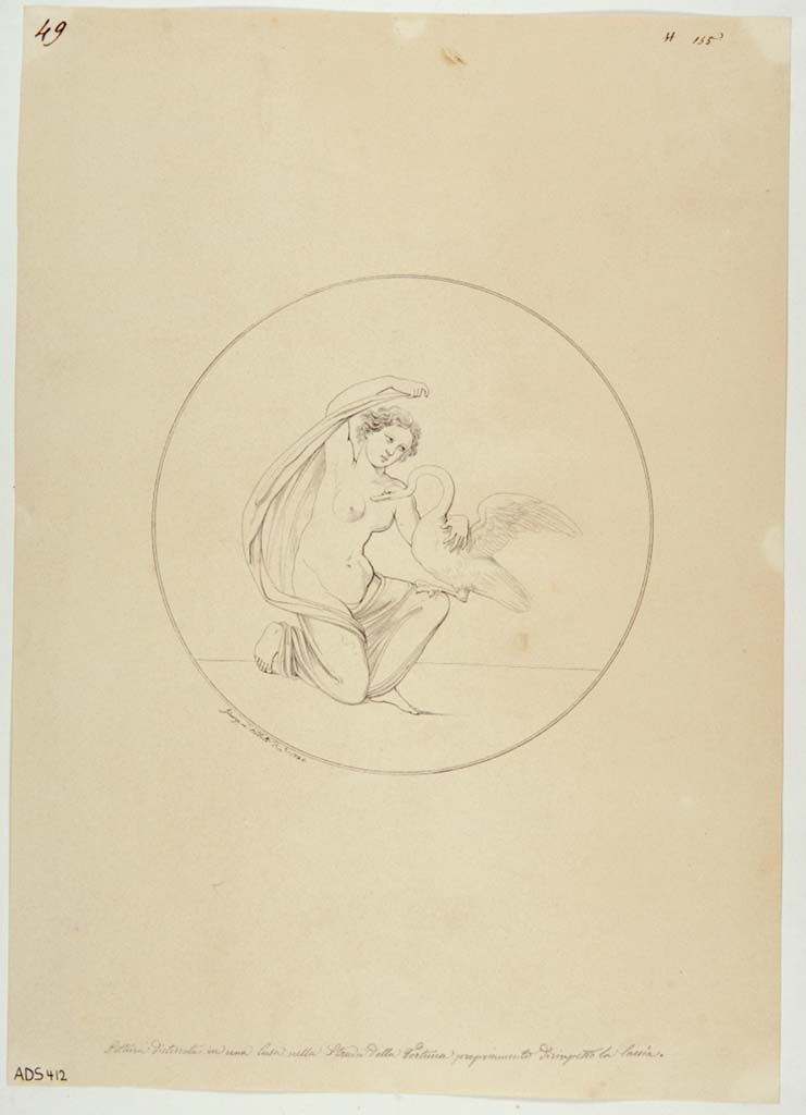 VI.13.6 Pompeii. Drawing by Giuseppe Abbate, 1842, of a medallion of Leda and the Swan in the cubiculum on east side of atrium. 
Now in Naples Archaeological Museum. Inventory number ADS 412.
Photo © ICCD. http://www.catalogo.beniculturali.it
Utilizzabili alle condizioni della licenza Attribuzione - Non commerciale - Condividi allo stesso modo 2.5 Italia (CC BY-NC-SA 2.5 IT)
See Helbig, W., 1868. Wandgemälde der vom Vesuv verschütteten Städte Campaniens. Leipzig: Breitkopf und Härtel, (142)
