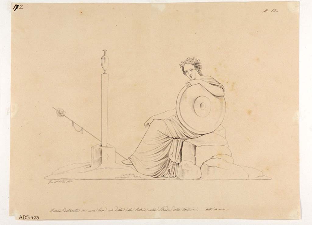 VI.14.42 Pompeii. Drawing by Giuseppe Abbate, 1846, of painting of a sitting Maenad found on south wall of tablinum, but now completely disappeared.
Now in Naples Archaeological Museum. Inventory number ADS 423.
Photo  ICCD. http://www.catalogo.beniculturali.it
Utilizzabili alle condizioni della licenza Attribuzione - Non commerciale - Condividi allo stesso modo 2.5 Italia (CC BY-NC-SA 2.5 IT)

