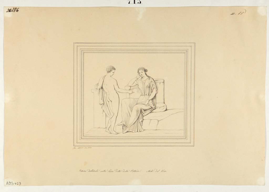 VI.14.42 Pompeii. Drawing by Giuseppe Abbate,1846, of painting found on north wall of cubiculum on south side of tablinum.
A masculine standing figure and female sitting, (Helbig 1392b), perhaps Paris and Helen or Phaedra and Hippolytus.
Now in Naples Archaeological Museum. Inventory number ADS 427.
Photo  ICCD. http://www.catalogo.beniculturali.it
Utilizzabili alle condizioni della licenza Attribuzione - Non commerciale - Condividi allo stesso modo 2.5 Italia (CC BY-NC-SA 2.5 IT)
The original painting is now in Naples Archaeological Museum.
