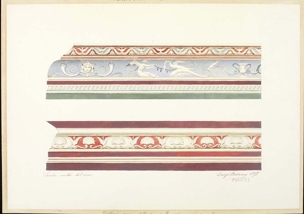 VI.15.1 Pompeii. c.1897. Watercolour by Luigi Bazzani, showing painted decorations on cornices.
Photo © Victoria and Albert Museum. Inventory number 18-1898.
