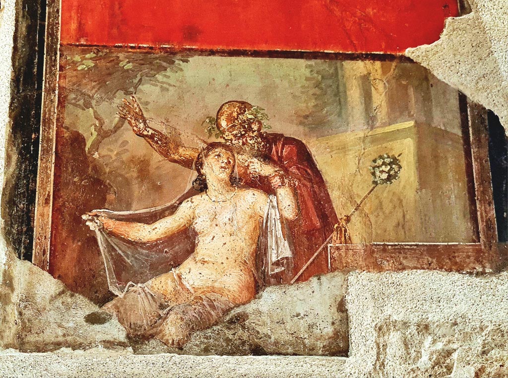 VI.15.1 Pompeii. April 2023. Wall painting of Silenus and Hermaphroditus on west side of doorway. Photo courtesy of Giuseppe Ciaramella.
