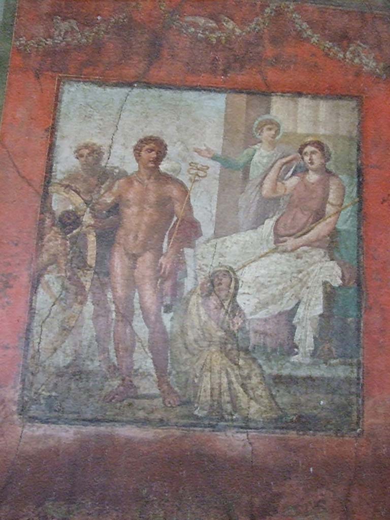 VI.15.1 Pompeii. December 2006. East wall of exedra with wall painting ...