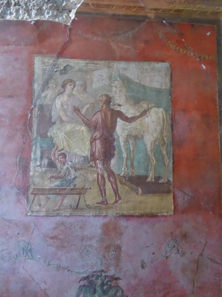 VI.15.1 Pompeii. January 2017.
Central painting from north wall of exedra, Daedalus showing Pasiphae the wooden cow. 
Foto Annette Haug, ERC Grant 681269 DÉCOR.
