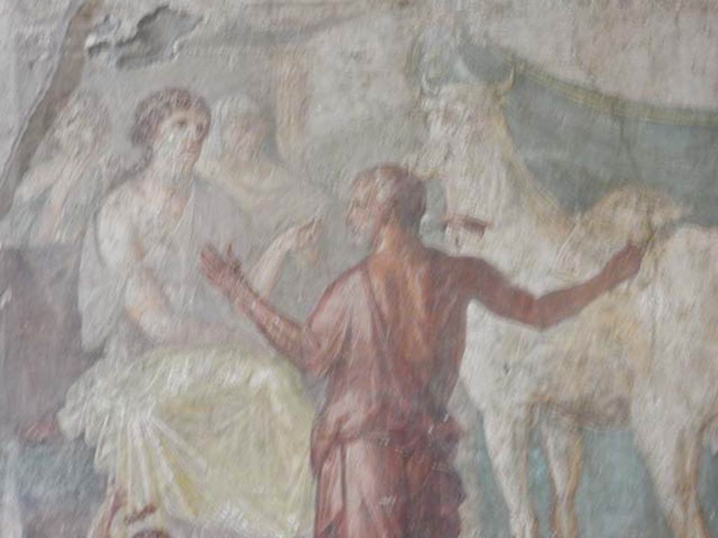 VI.15.1 Pompeii. May 2017. Detail from central painting showing Pasiphae and Daedalus. Photo courtesy of Buzz Ferebee.
