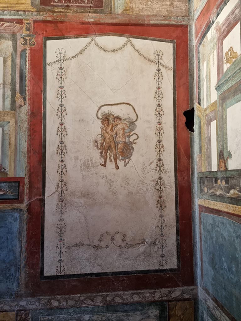 VI.15.1 Pompeii. December 2023. Painted panel at east end of north wall. Photo courtesy of Miriam Colomer.


