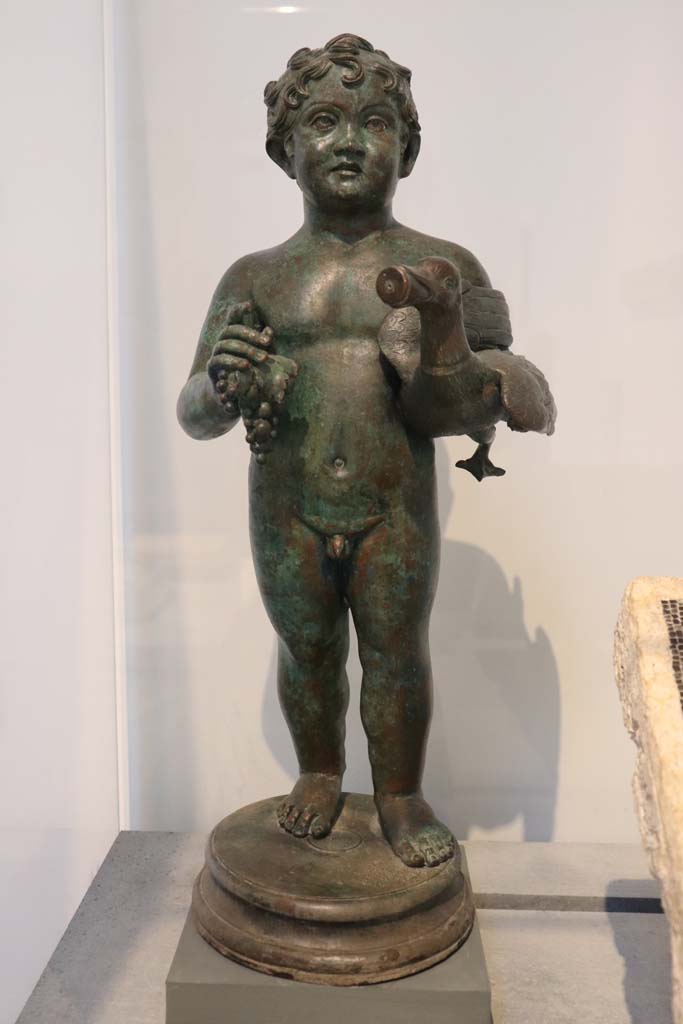 VI.15.1 Pompeii. February 2021. 
Bronze statuette of young boy holding a goose, on display in Antiquarium.
Photo courtesy of Fabien Bièvre-Perrin (CC BY-NC-SA).
