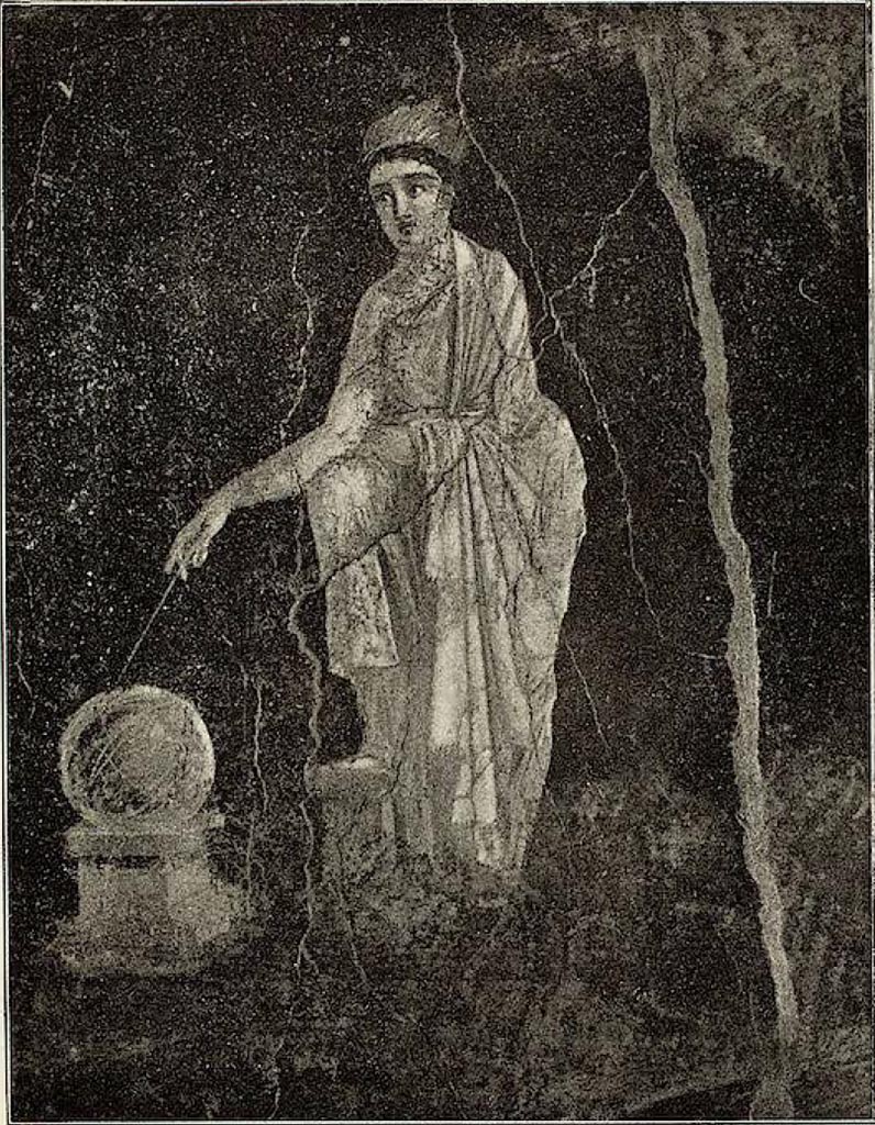VI.15.1 Pompeii. c.1898. Painted panel on black background of Urania pointing with a stick to the globe resting on a square base.
See Sogliano, A. La Casa dei Vettii in Pompei Mon. Ant 1898, (p.277/278, fig. 17).
