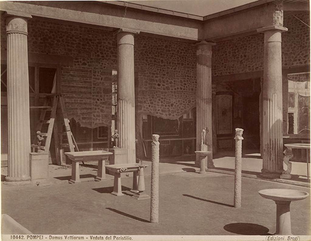 VI.15.1 Pompeii. c.1890s during the excavations. Albumen photo by G. Brogi. Peristyle, looking to the north east corner.
The two herms and other ornaments can be seen. There has not yet been any planting of the garden.
Photo courtesy of Rick Bauer.
