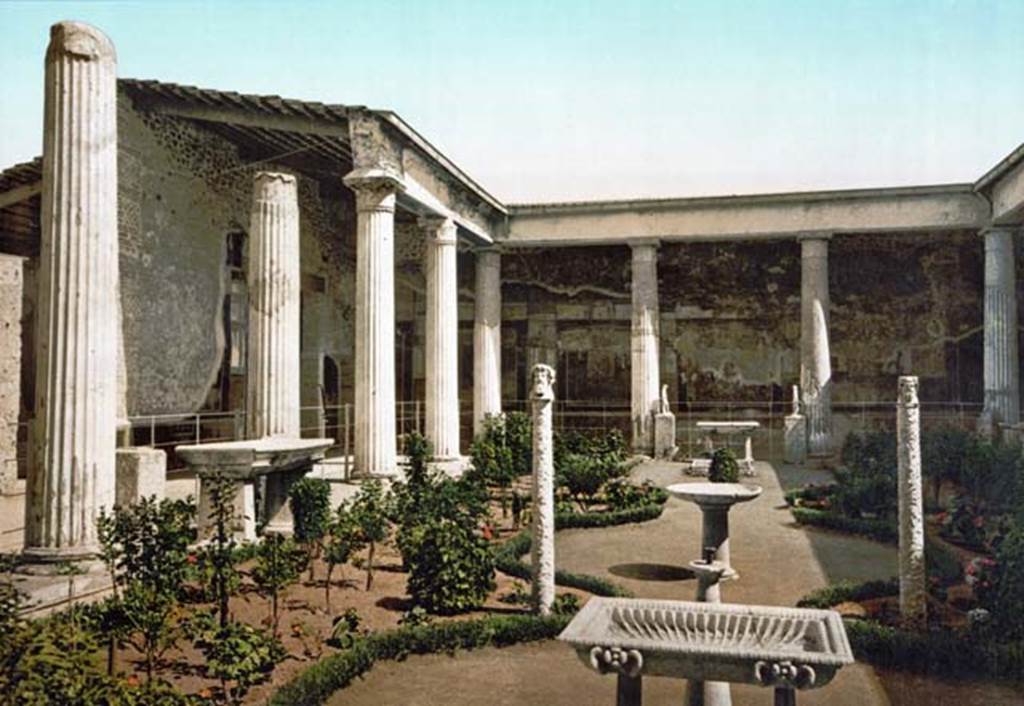 VI.15.1 Pompeii. Old postcard c.1900. Peristyle garden looking towards south-east corner.
The two marble herms can be seen in the foreground.
