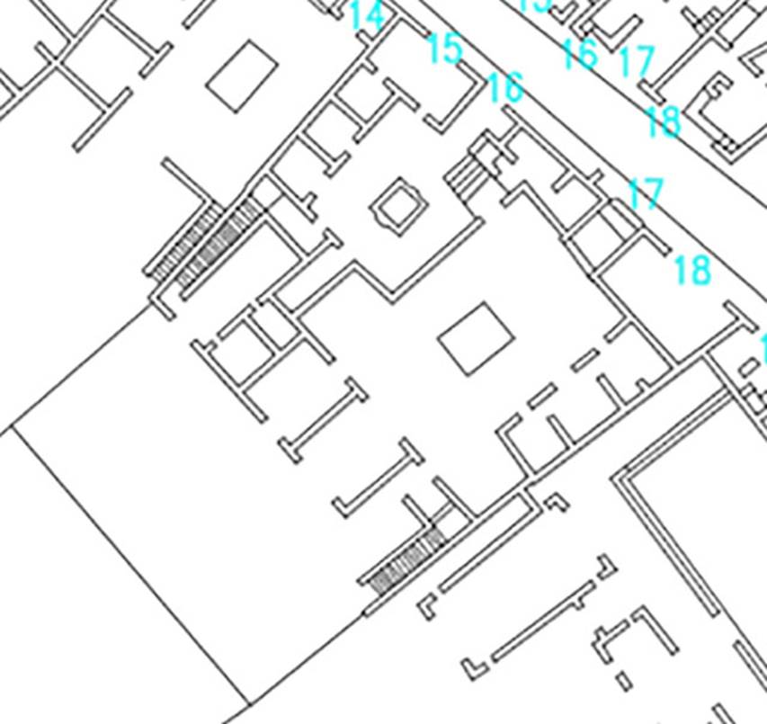 VI.17.15 shop, 16, 17, combined plan. Plan courtesy of Dobbins, J. J. and Foss, P. W., 2008. The World of Pompeii. Oxford: Routledge (CDRom).
According to Fiorelli 
VI.17.15-18  Due case unite costituivano forse labitazione di una sola famiglia.  Esse avevano due ingressi separati sulla strada e due botteghe, stando in relazione tra loro per gli atrii, entrambi tuscanici, e ciascuno con tre cubicoli da un solo lato.
La prima inoltre no.16, teneva accanto allo ingresso la cucina, poco piu innanza la gradinata che la metteva in communicazione con la casa seguente, e nel fondo il triclinio, una seconda scalinata, e due oeci.
La seconda, casa no.17, che sembra la piu nobile, conteneva le ali, il tablino, due fauci, ed unaltra gradinata di discesa. 
Ledificio poi era terminato nel piano piu alto con un loggiato, che ora era distrutto.
In uno dei pilastri che fronteggiano la strada leggevasi:
M . CERRINIVM
AED . SALINIENSIS
               ROG                          )
See Fiorelli, G. (1875). Descrizione, (p.433)
See Pappalardo, U., 2001. La Descrizione di Pompei per Giuseppe Fiorelli (1875). Napoli: Massa Editore. (p.159)
(translation 
"Two united houses constituting perhaps the dwelling of a single family. They had two separate entrances on the roadway and two shops, linked to the atriums, both atriums were Tuscanic, and each with three cubicula only on one side.
The first No. 16, had the kitchen near to the entrance doorway, nearby were the the steps linking with the next house, and at the rear was the triclinium, a second stairway, and two oeci.
The second, house No. 17, which seemed the most noble, contained ala, the tablinum, two corridors, and another steps leading down. 
The building was finished on the highest floor with a loggia, which was now destroyed. 
In one of the pillars that fronted onto the roadway, the following could have been read -
M . CERRINIVM
AED . SALINIENSIS
               ROG                           )
