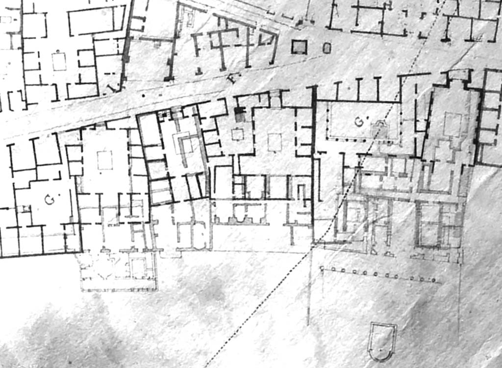 VI.17.9, on left with letter G, then 10, then 13, followed by 16 linked to 17 in centre, and 23-25, on right.
Part of a plan by Francesco La Vega, c.1800-1810. Now in Naples Museum.
DAIR 76.1262. Photo  Deutsches Archologisches Institut, Abteilung Rom, Arkiv.
