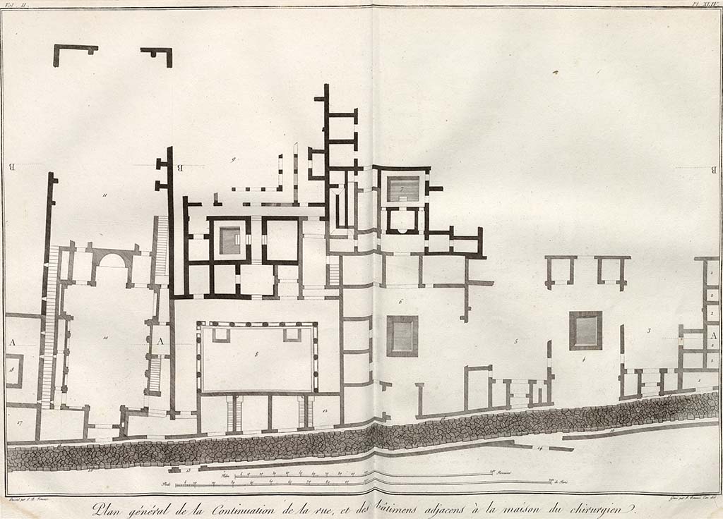 VI.17.26, 25, 24, 23, on left, followed by house at 17, etc. which Piranesi described as house with three atriums.
Drawing by Piranesi, which does not agree with La Vegas plan, or of Marchesi, above, or what can be seen on the ground today.  
See Piranesi, F, 1804. Antiquits de la Grande Grce : Tome II. Paris : Piranesi and Le Blanc, (Vol. II, Pl. XLIV).
