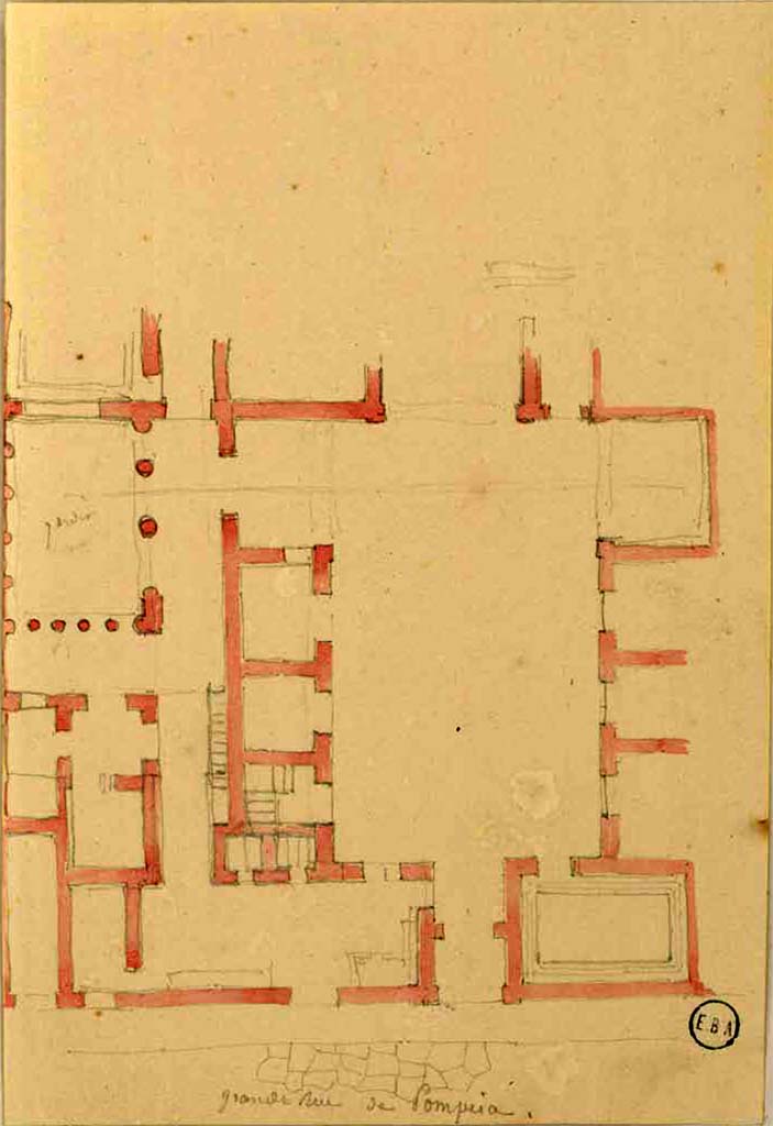 VI.17.27 Pompeii. Sketch by Lesueur of plan, with house entrance on west side of Via Consolare.
See Lesueur, Jean-Baptiste Ciceron. Voyage en Italie de Jean-Baptiste Ciceron Lesueur (1794-1883), pl. 20.
See Book on INHA reference INHA NUM PC 15469 (04)   Licence Ouverte / Open Licence  Etalab
