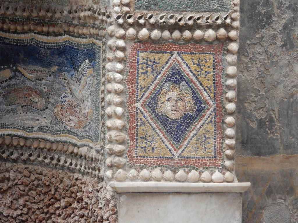 VII.2.45 Pompeii, May 2018. Detail of east side of fountain in garden area. Photo courtesy of Buzz Ferebee.