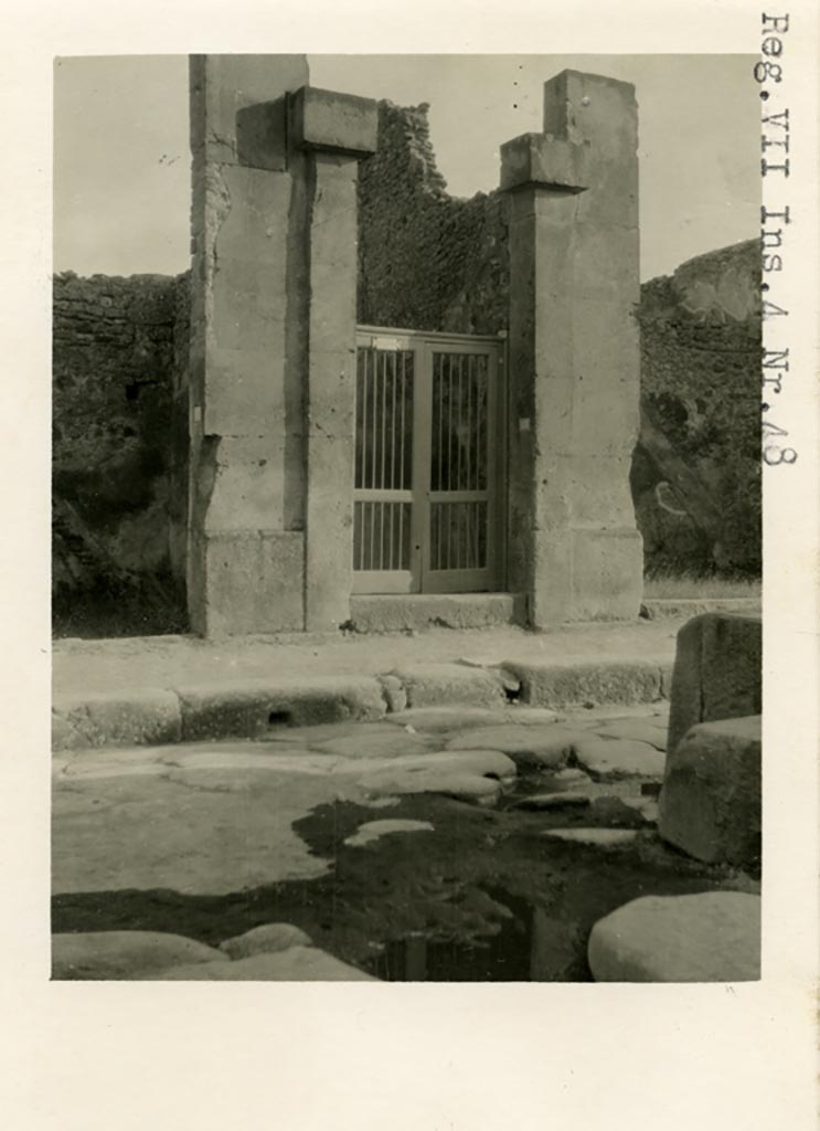 VII.4.48 Pompeii. Pre-1937-39. Looking south across Via della Fortuna towards entrance doorway.
Photo courtesy of American Academy in Rome, Photographic Archive. Warsher collection no. 1789.
