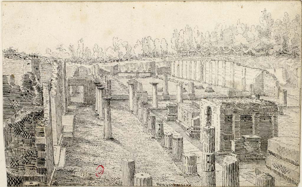 VII.8 Pompeii Forum. c.1819. Drawing by W. Gell, looking west along south side of Forum towards Basilica.
See Gell W & Gandy, J.P: Pompeii published 1819 [Dessins publiés dans l'ouvrage de Sir William Gell et John P. Gandy, Pompeiana: the topography, edifices and ornaments of Pompei, 1817-1819], pl. 27.
See book in Bibliothèque de l'Institut National d'Histoire de l'Art [France], collections Jacques Doucet Gell Dessins 1817-1819
Use Etalab Open Licence ou Etalab Licence Ouverte
