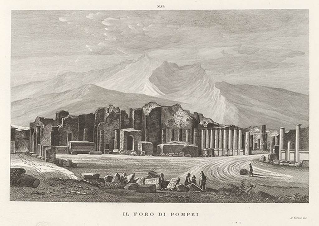 VII.8 Forum. 1845 drawing looking south-west from the north end.
See Zuccagni Orlandini, A., 1845. Atlante Illustrativo ossia raccolta dei principali monumenti italiani antichi, del medioevo e moderni e di alcune vedute pittoriche: Vol III: Regno delle due Sicilie. Firenze, Tav. VI, n.2.
