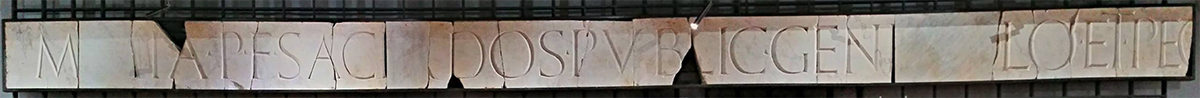 VII.9.2 Pompeii. Marble dedication of the temple of the Genius of Augustus. 7-2 BC. Photo courtesy of Giuseppe Ciaramella. 
M[a]ṃia P(ubli) f(ilia) sacẹṛdos public(a) Geni[o --- s]ọlo et peq̣[unia sua ---]       (CIL X, 816).
Now in Naples Archaeological Museum, inventory number 3766.
The information card reads:
“Mamia, daughter of Publius, public priestess ……. to the Genius ……. on her own land and at her own expense”.
Mamia, of a noble Samnite family, was a priestess of Venus, the patron of Pompei and the mythical progenitor of the family of Augustus.
The temple of the Genius of Augustus was built sometime between 7 BC, when Augustus instituted the cult of his own person in Rome, and 2 BC, when the renovated theatre of Pompeii was inaugurated by Marcus Holconius Rufus, the first priest of the cult. The building has been tentatively identified as the so-called “Temple of Vespasian”, on the east side of the Forum. 
The dedicator is a member of the collegium of ministri Mercurii et Maiae, who worshiped the emperor assimilated to the god Mercury. The cult was initially performed in the shrine in the Macellum. In the Claudian age, it was moved to the so-called Temple of the Public Lares in the Forum, rebuilt after the earthquake of AD 62. This probably explains why most of the inscriptions of this collegium, all datable between 25 BC and AD 40, were found scattered in other buildings.
(Mamia figlia di Publio sacerdotessa pubblica … al Genio … sul proprio suolo e proprio spese).
Mamia, di nobile origine sannitica, fu sacerdotessa di Venere, la dea protettrice della citta e mitica progenitrice della famiglia di Augusto. La costruzione del tempio del Genio di Augusto si colloca tra il 7 a.C., quando Augusto istituisce il culto a Roma, e il 2 a.C., anno dell’inaugurazione del rinnovato teatro di Pompei ad opera di Marco Olconio Rufo, che fu il primo sacerdote del culto. Si e proposto di identificare l’edificio con il cd. Tempio di Vespasiano, sul lato orientale del Foro.

