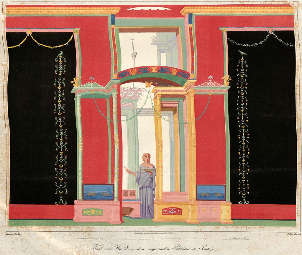 VII.9.7 and VII.9.8 Pompeii. Macellum. Pre-1828. 
Painting by Zahn of part of the west wall, showing the colours that decorated it.
See Zahn, W., 1828-29. Die schönsten Ornamente und merkwürdigsten Gemälde aus Pompeji, Herkulanum und Stabiae: I. Berlin: Reimer, taf. 19.


