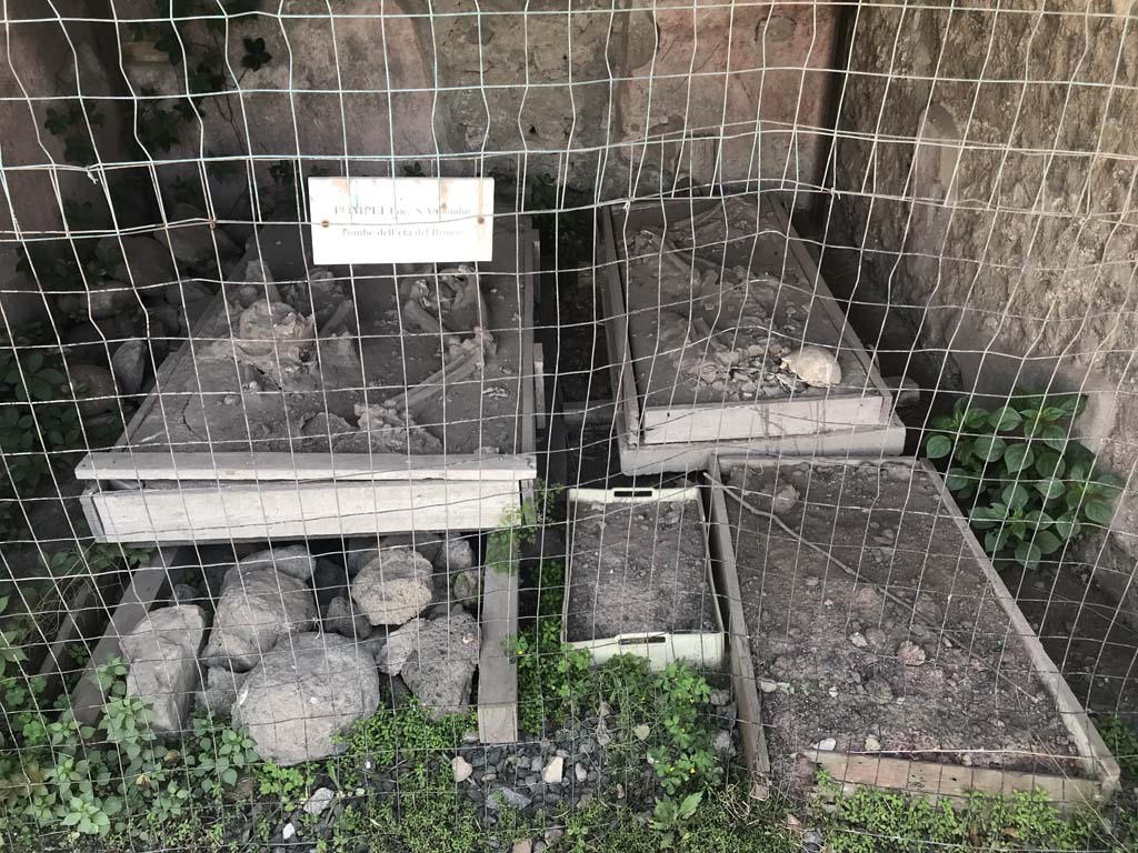 VII.9.7 and VII.9.8 Pompeii. Macellum. April 2019. Shop on south side containing Bronze Age skeletons from Sant’ Abbondio, Pompei. Photo courtesy of Rick Bauer.