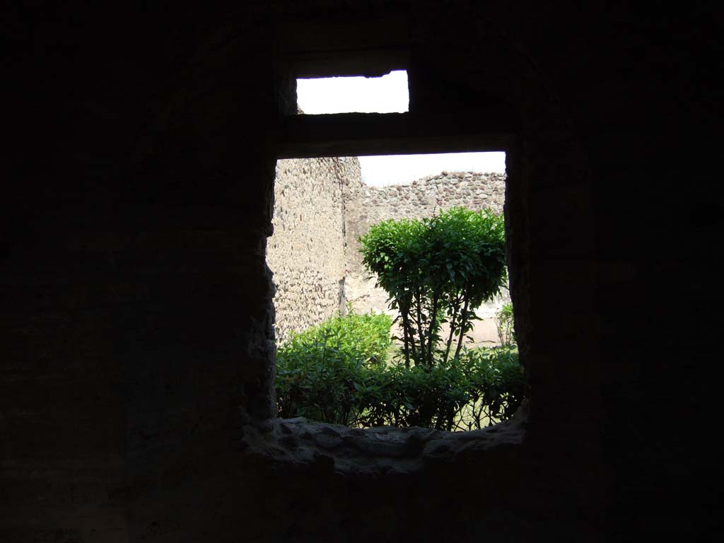 VII.14.9 Pompeii. May 2006. Room 10, east wall of bath suite, and view of garden.