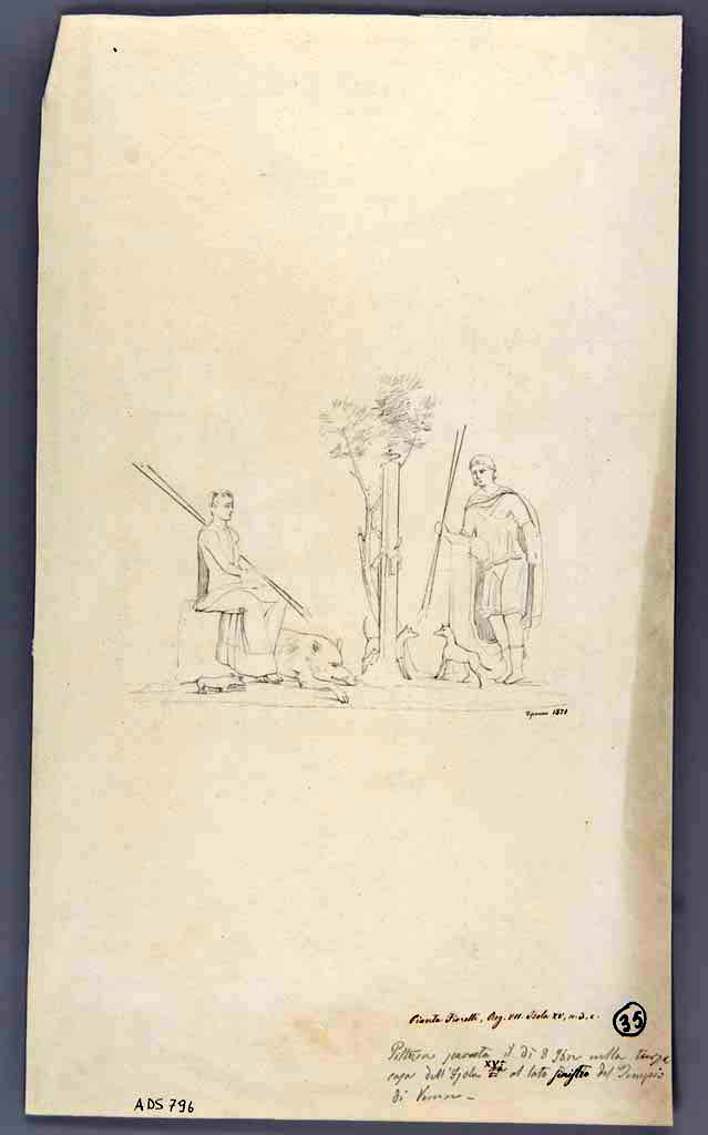 VII.15.3 Pompeii. 1871 drawing by G. Discanno of Atalanta and Meleager from south wall of oecus, on left side of entrance corridor. 
Now in Naples Archaeological Museum. Inventory number ADS 796.
Photo © ICCD. http://www.catalogo.beniculturali.it
Utilizzabili alle condizioni della licenza Attribuzione - Non commerciale - Condividi allo stesso modo 2.5 Italia (CC BY-NC-SA 2.5 IT)
See Carratelli, G. P., 1990-2003. Pompei: Pitture e Mosaici: Vol. VII.  Roma: Istituto della enciclopedia italiana, p. 772.
